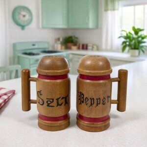 Vintage Wooden Barrel Salt & Pepper Shakers With Handles Red Accents Rustic Kitc